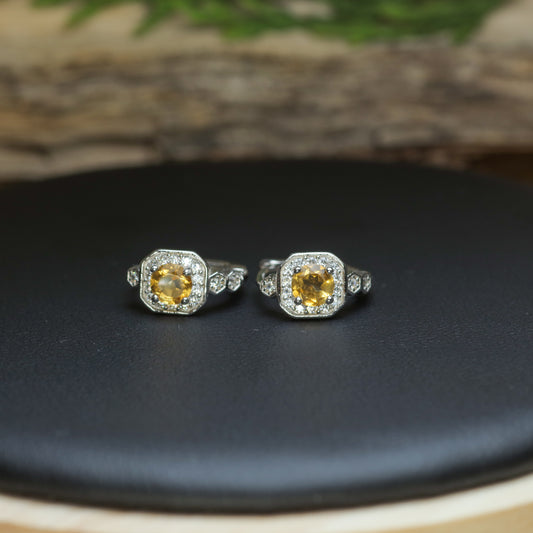 Natural Citrine Hexagonal Halo Huggie Earrings