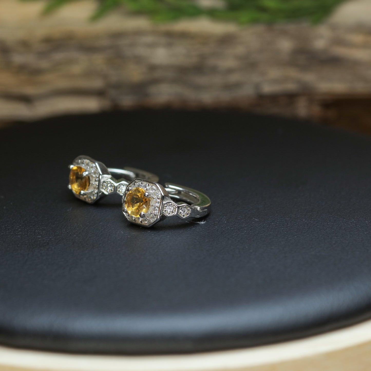 Natural Citrine Hexagonal Halo Huggie Earrings