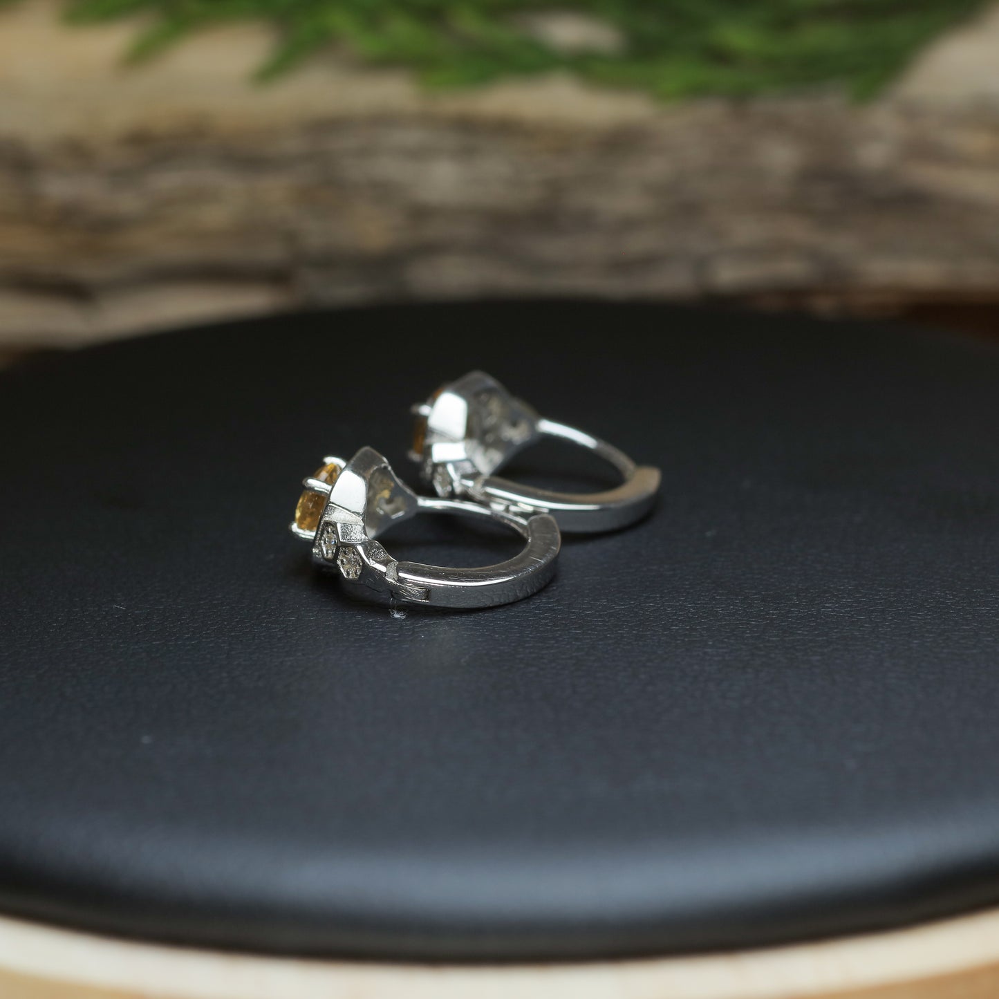 Natural Citrine Hexagonal Halo Huggie Earrings