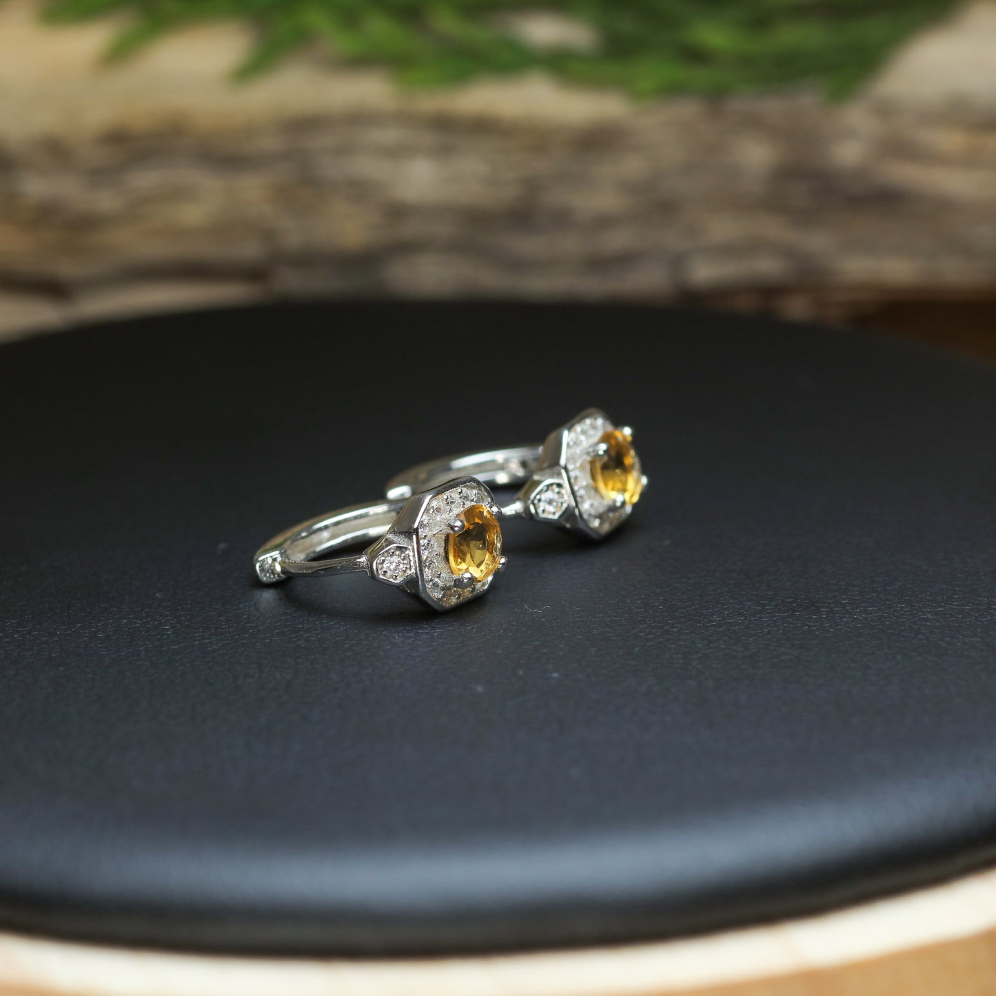 Natural Citrine Hexagonal Halo Huggie Earrings