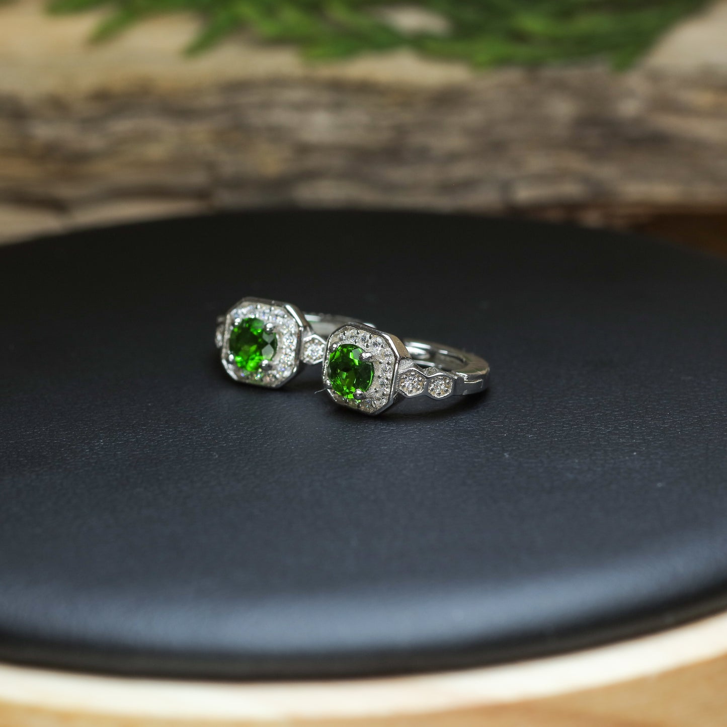 Natural Chrome Diopside Hexagonal Halo Huggie Earrings