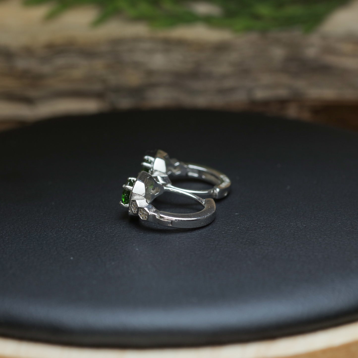 Natural Chrome Diopside Hexagonal Halo Huggie Earrings
