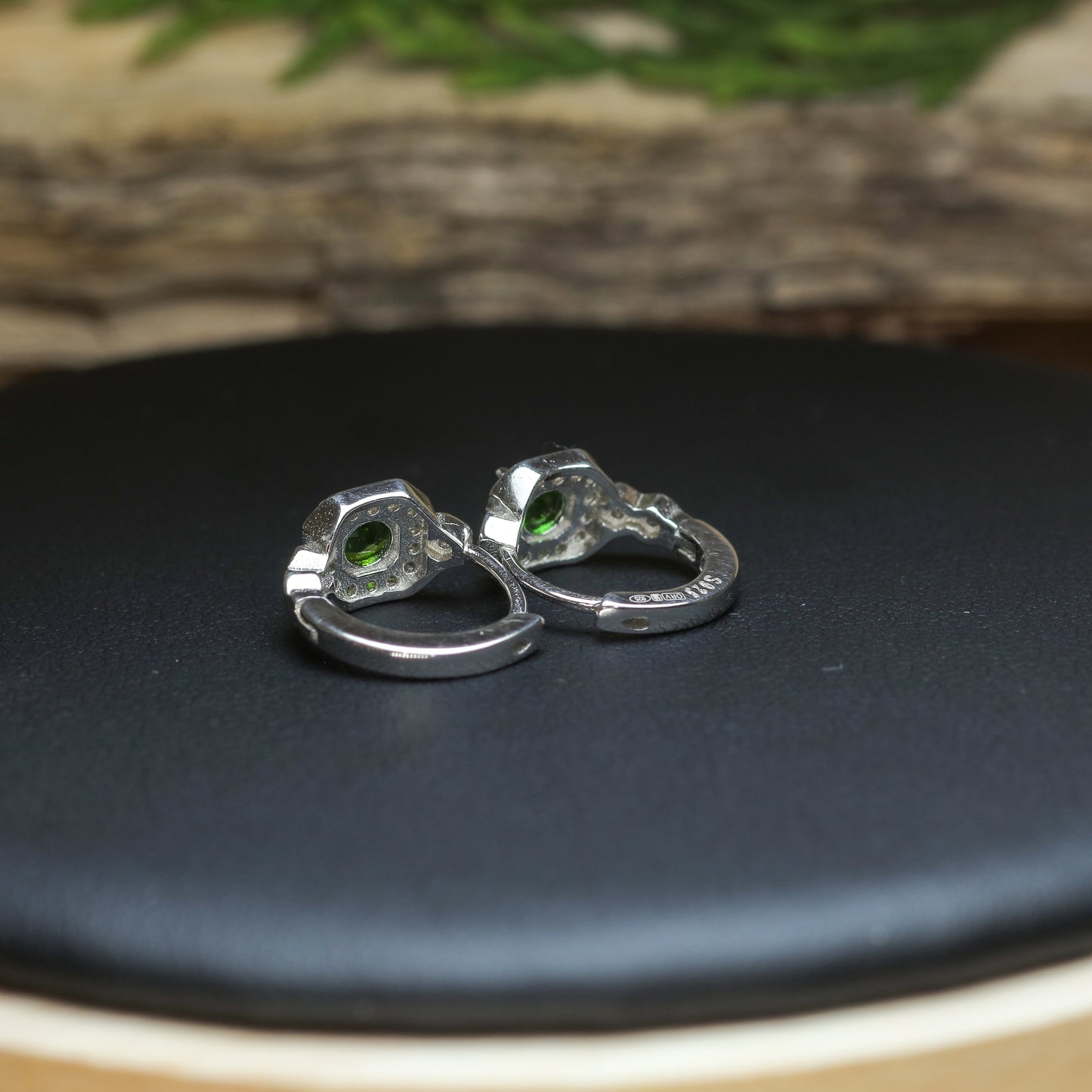 Natural Chrome Diopside Hexagonal Halo Huggie Earrings