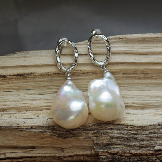 Natural Baroque Cultured Pearl, Hoop Drop Earrings