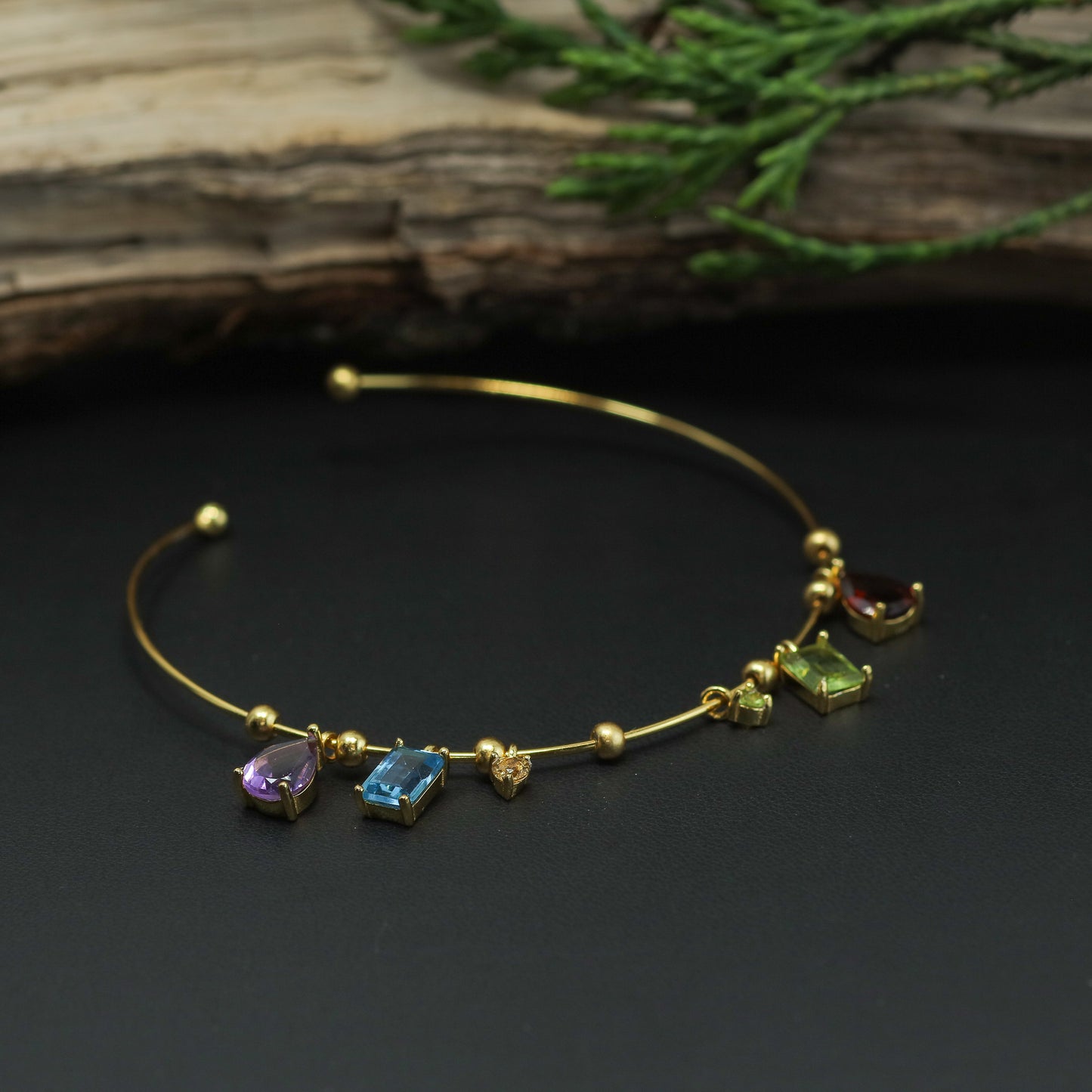 Multi-Gemstone Open Bangle Bracelet