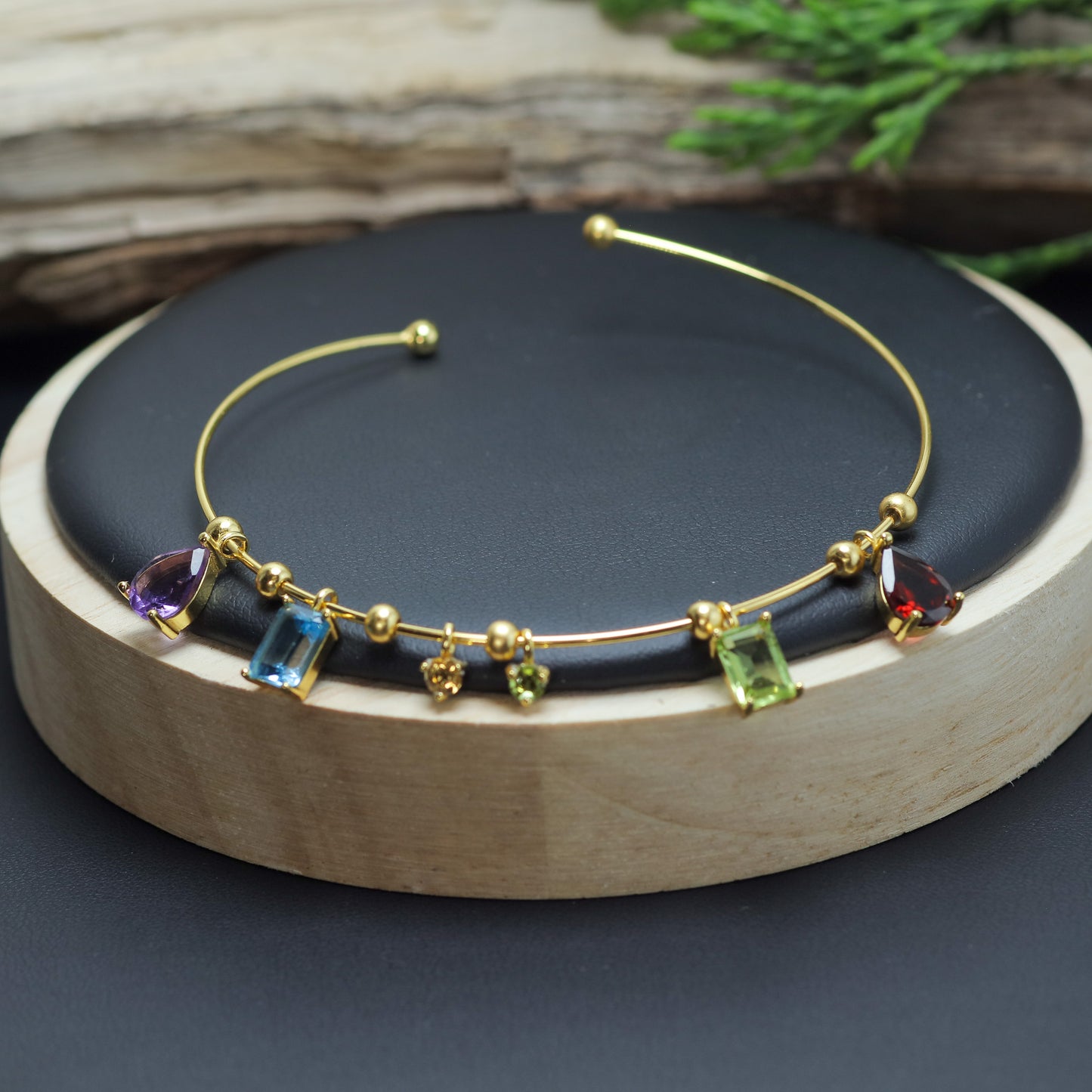Multi-Gemstone Open Bangle Bracelet