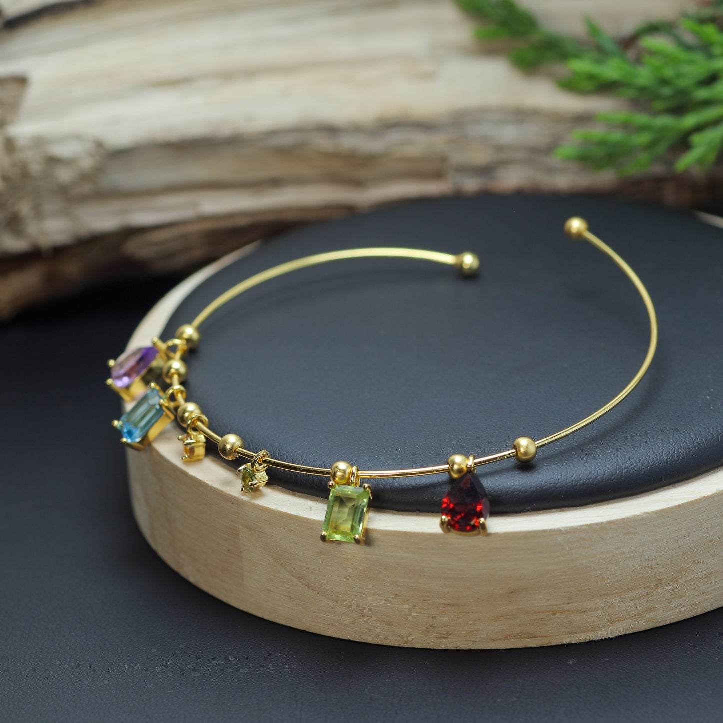 Multi-Gemstone Open Bangle Bracelet