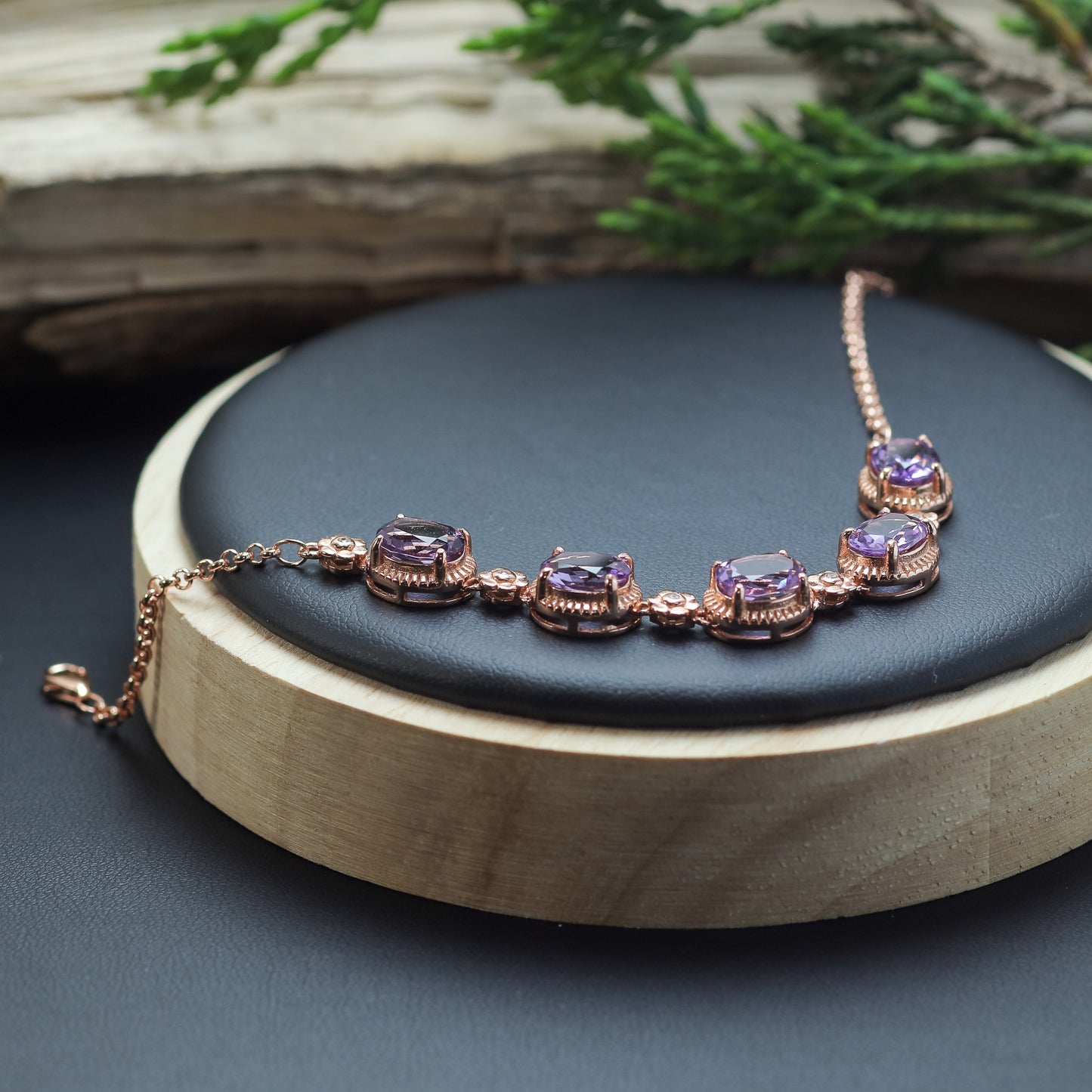 Natural Amethyst Floral Accent Link Bracelet
