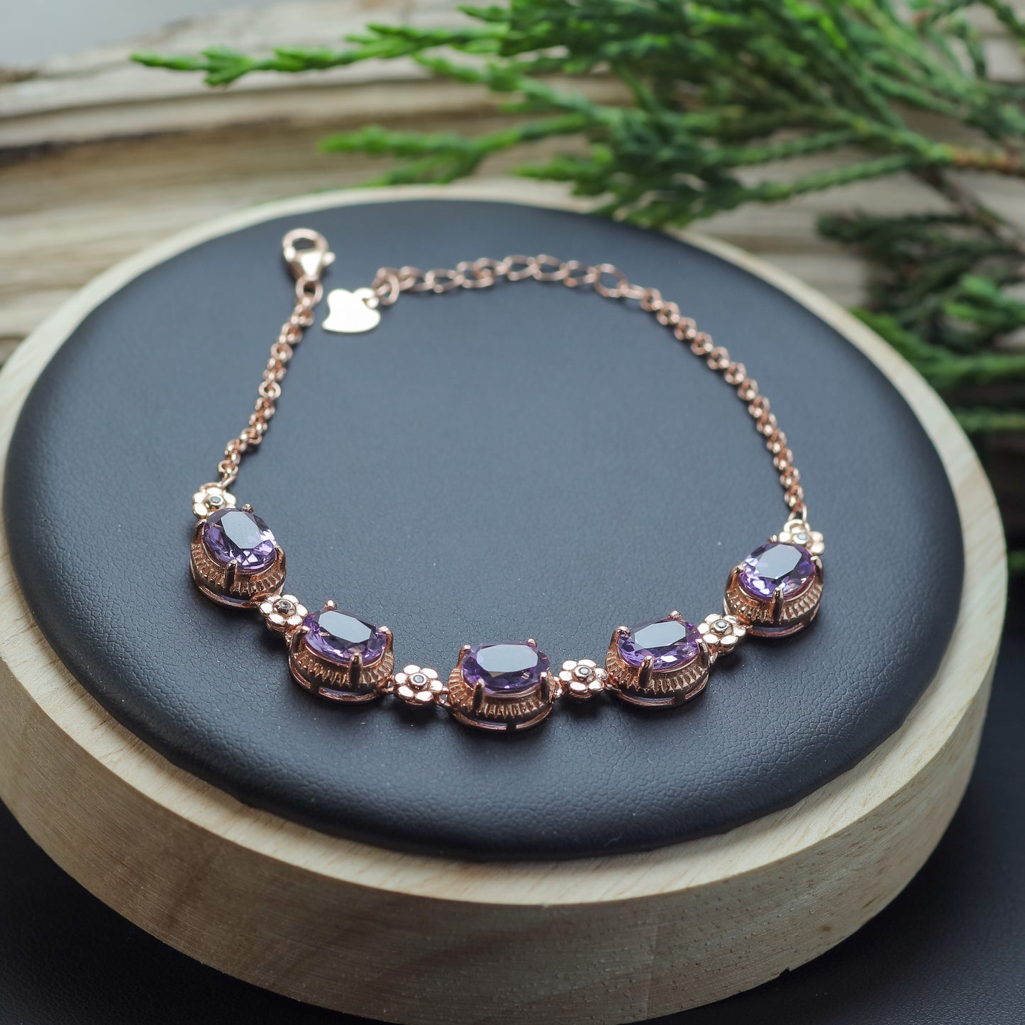 Natural Amethyst Floral Accent Link Bracelet