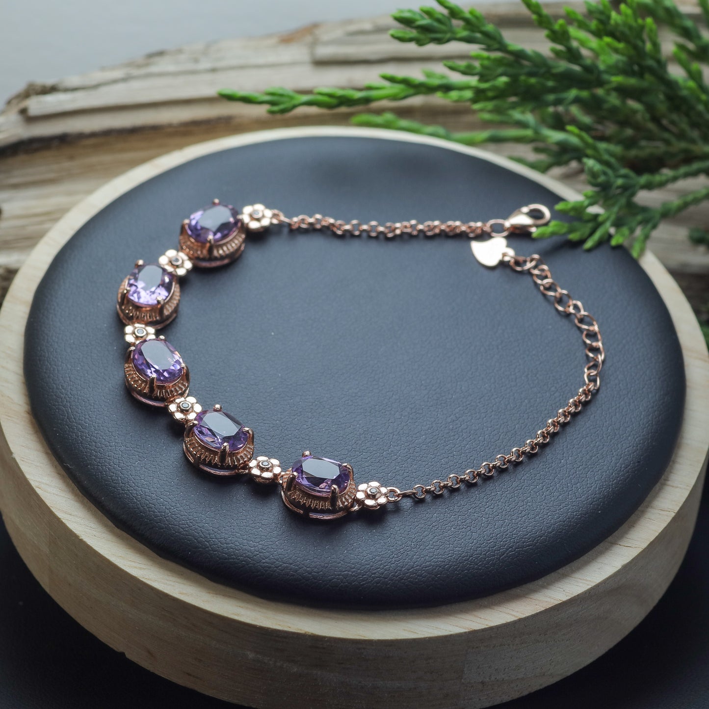 Natural Amethyst Floral Accent Link Bracelet