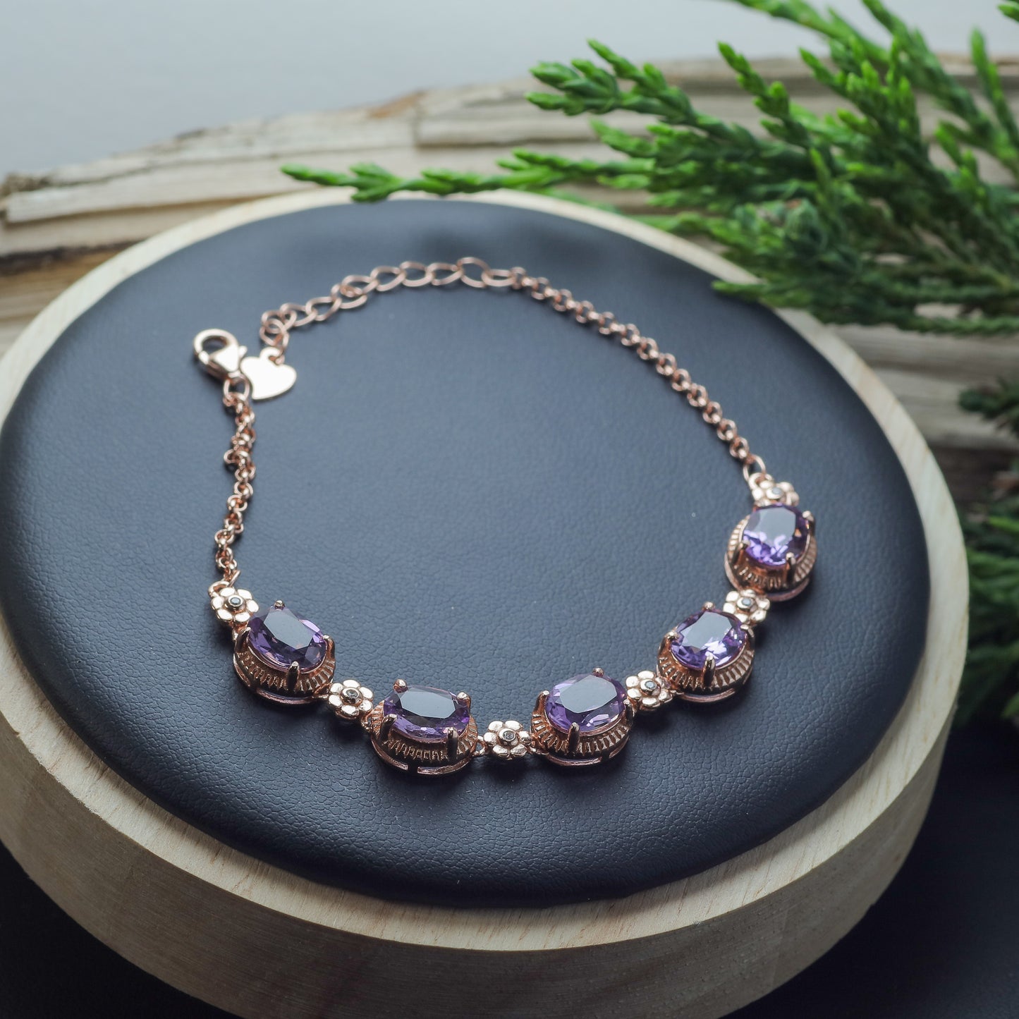 Natural Amethyst Floral Accent Link Bracelet