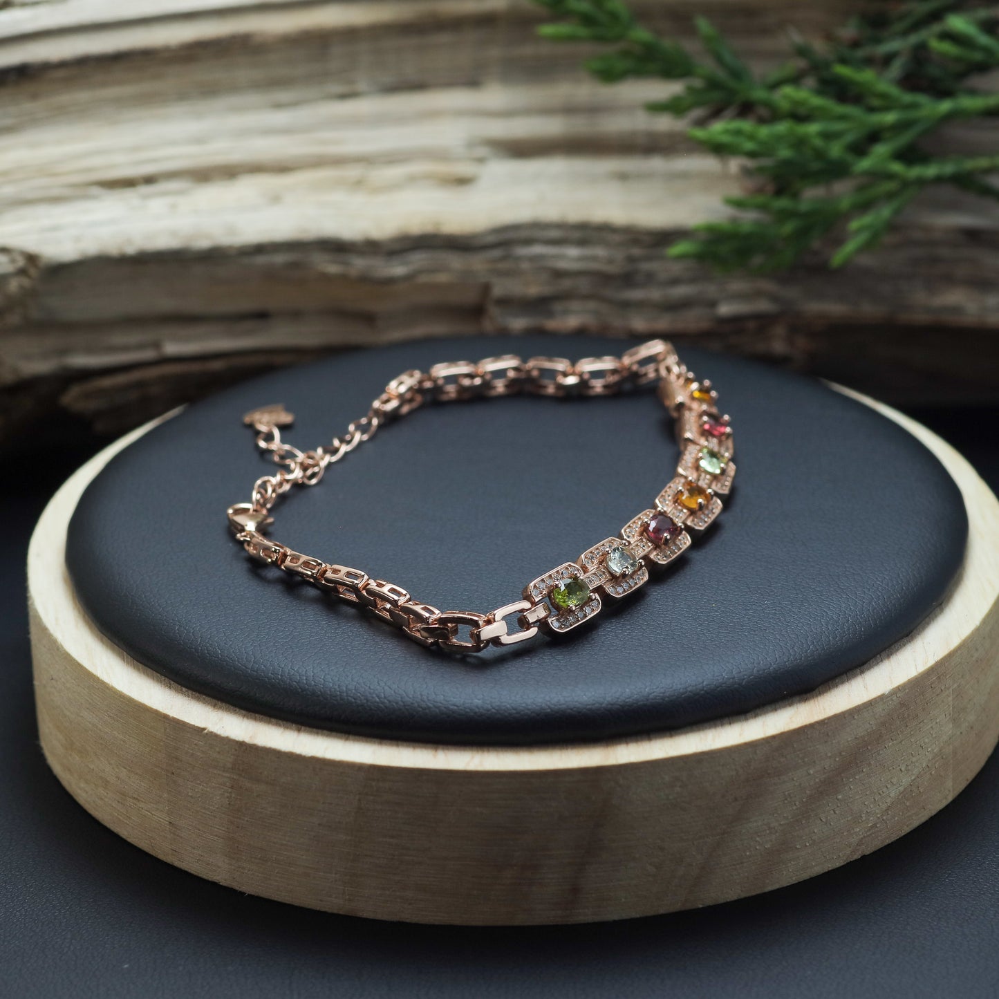 Natural Multi-Color Tourmaline Geometric Link Bracelet