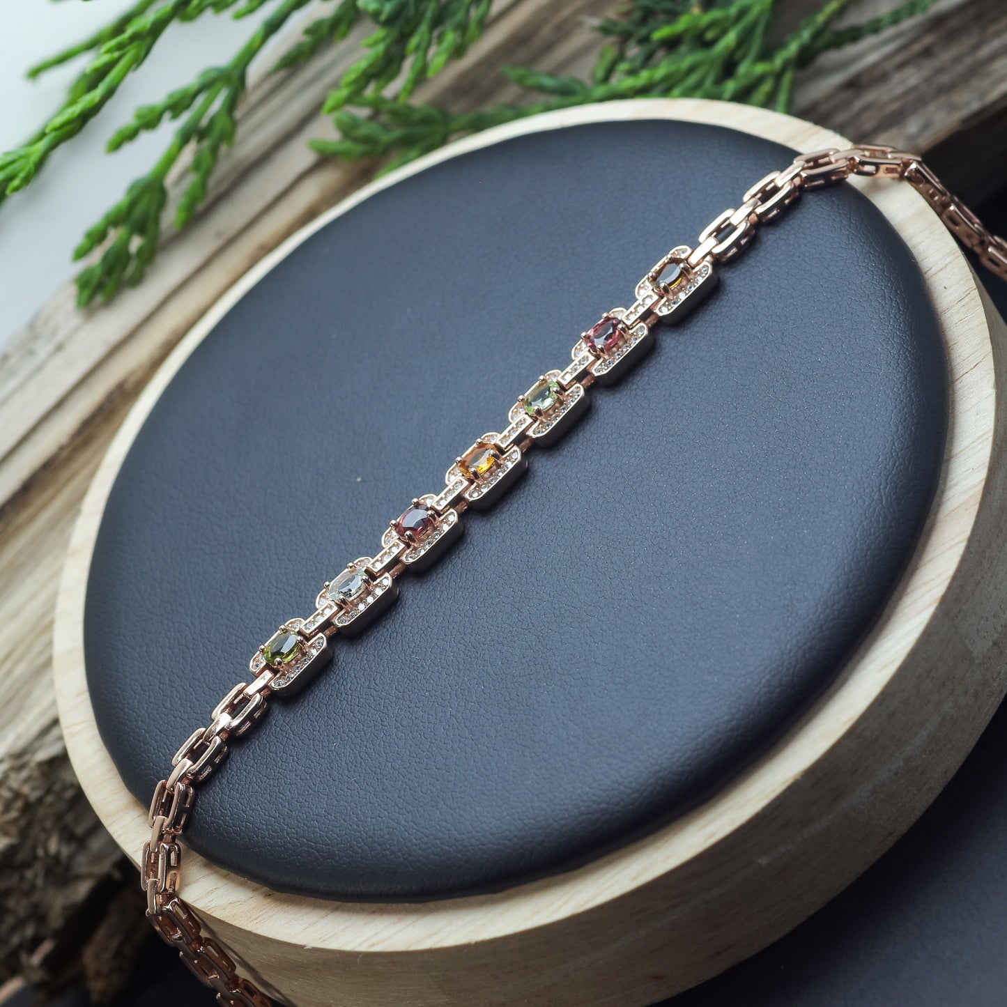 Natural Multi-Color Tourmaline Geometric Link Bracelet