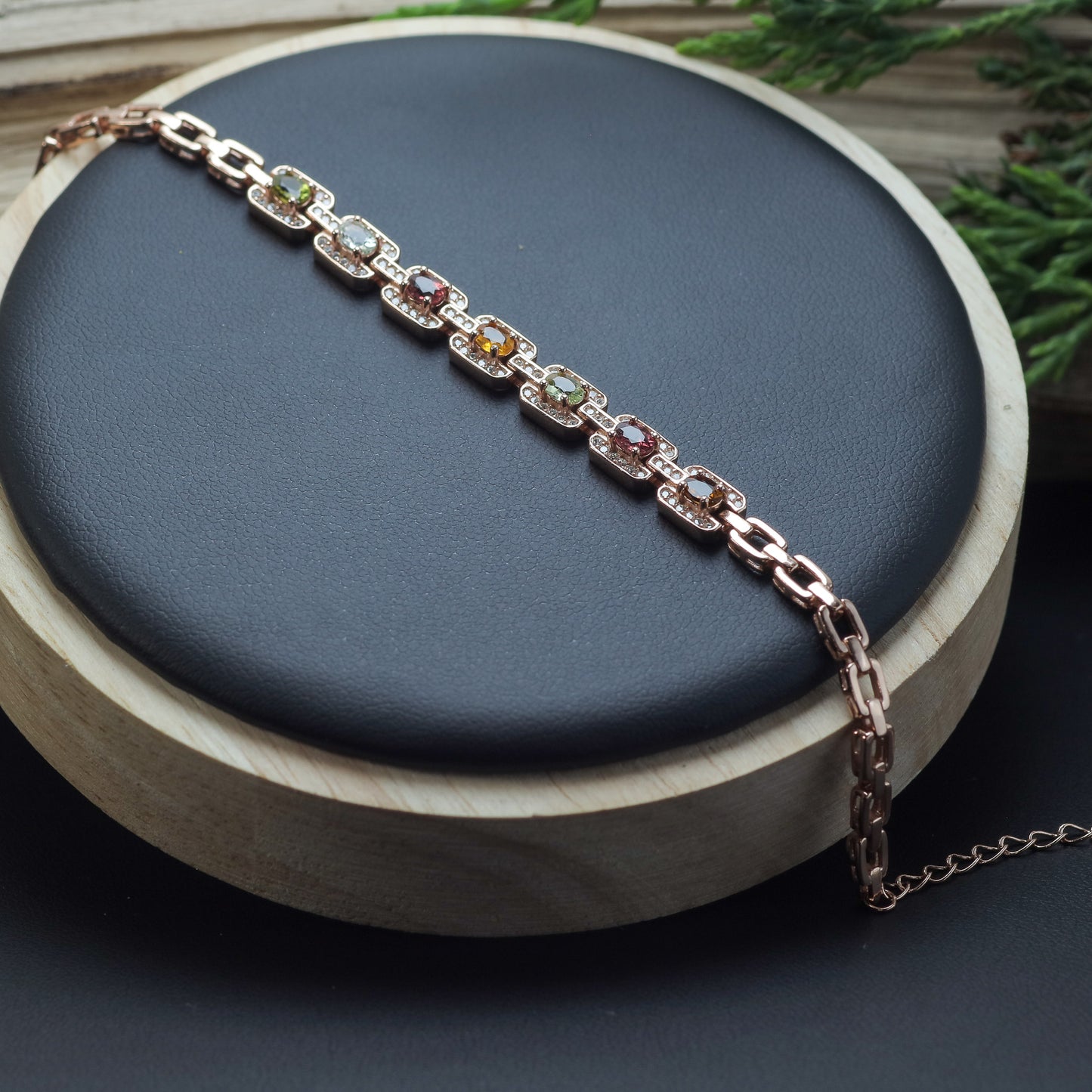 Natural Multi-Color Tourmaline Geometric Link Bracelet