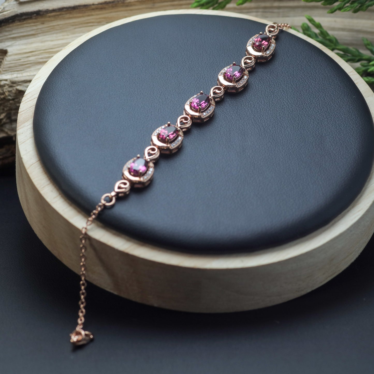 Natural Purple Garnet Elegant Station Link Bracelet