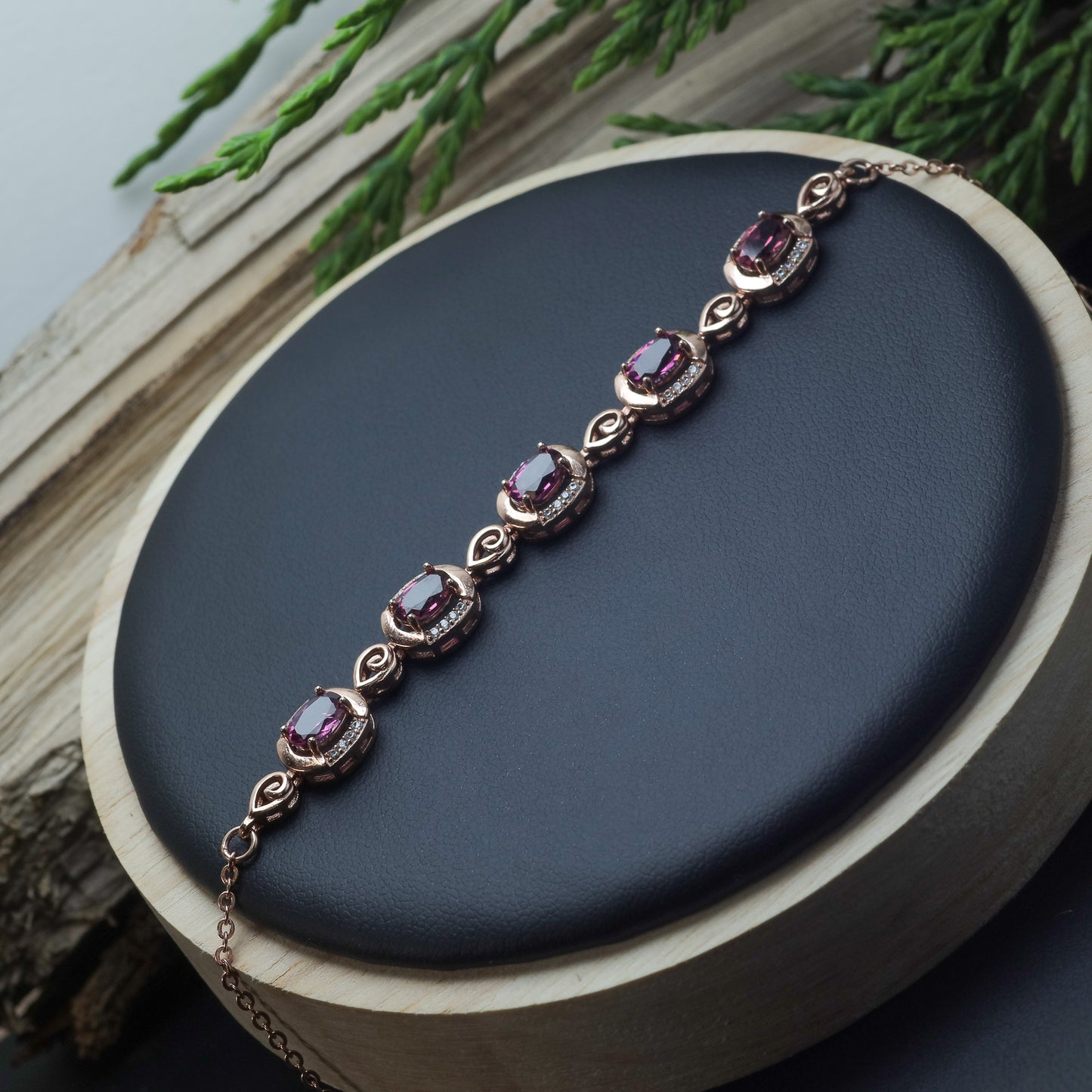 Natural Purple Garnet Elegant Station Link Bracelet