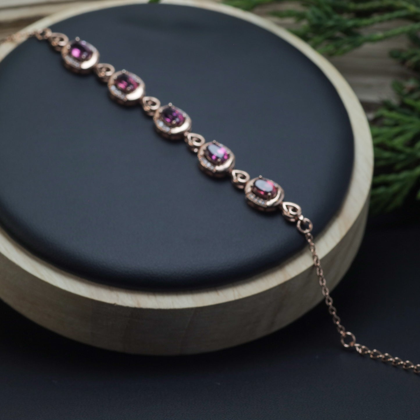 Natural Purple Garnet Elegant Station Link Bracelet