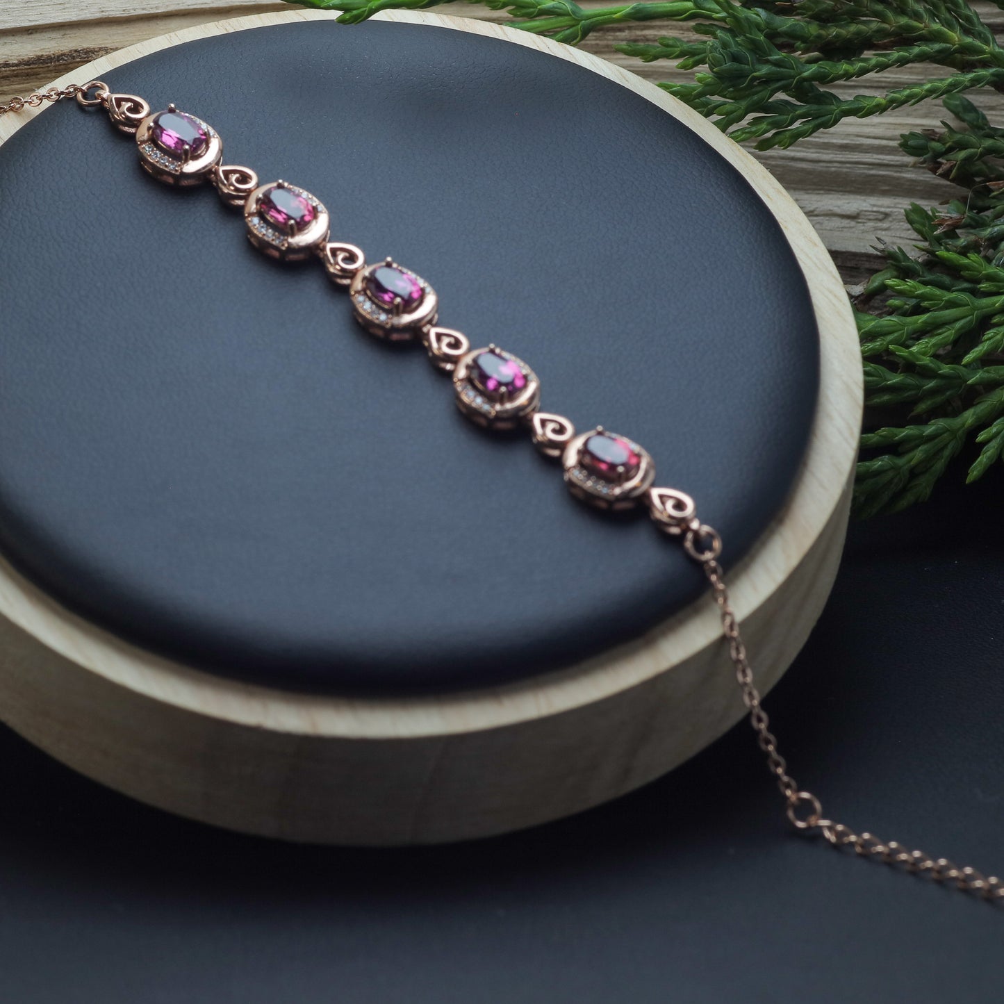 Natural Purple Garnet Elegant Station Link Bracelet