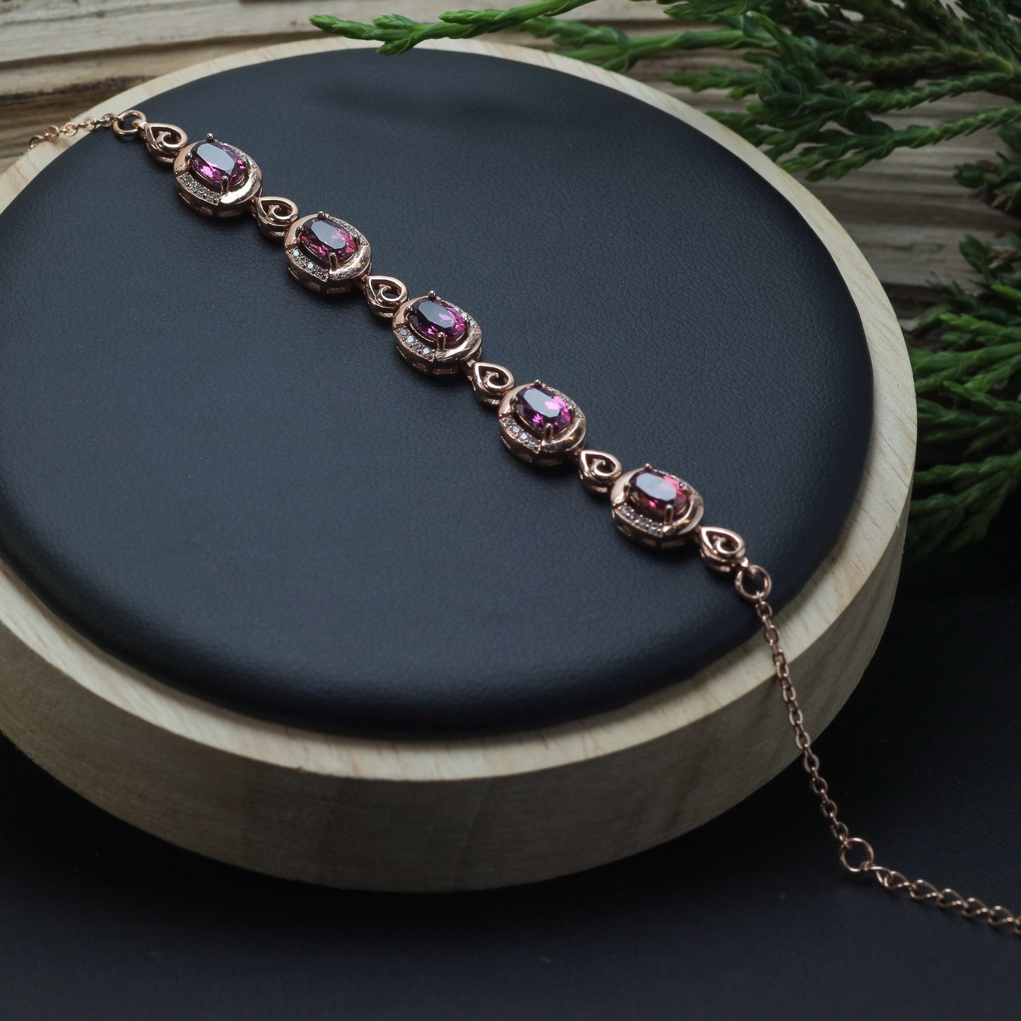Natural Purple Garnet Elegant Station Link Bracelet