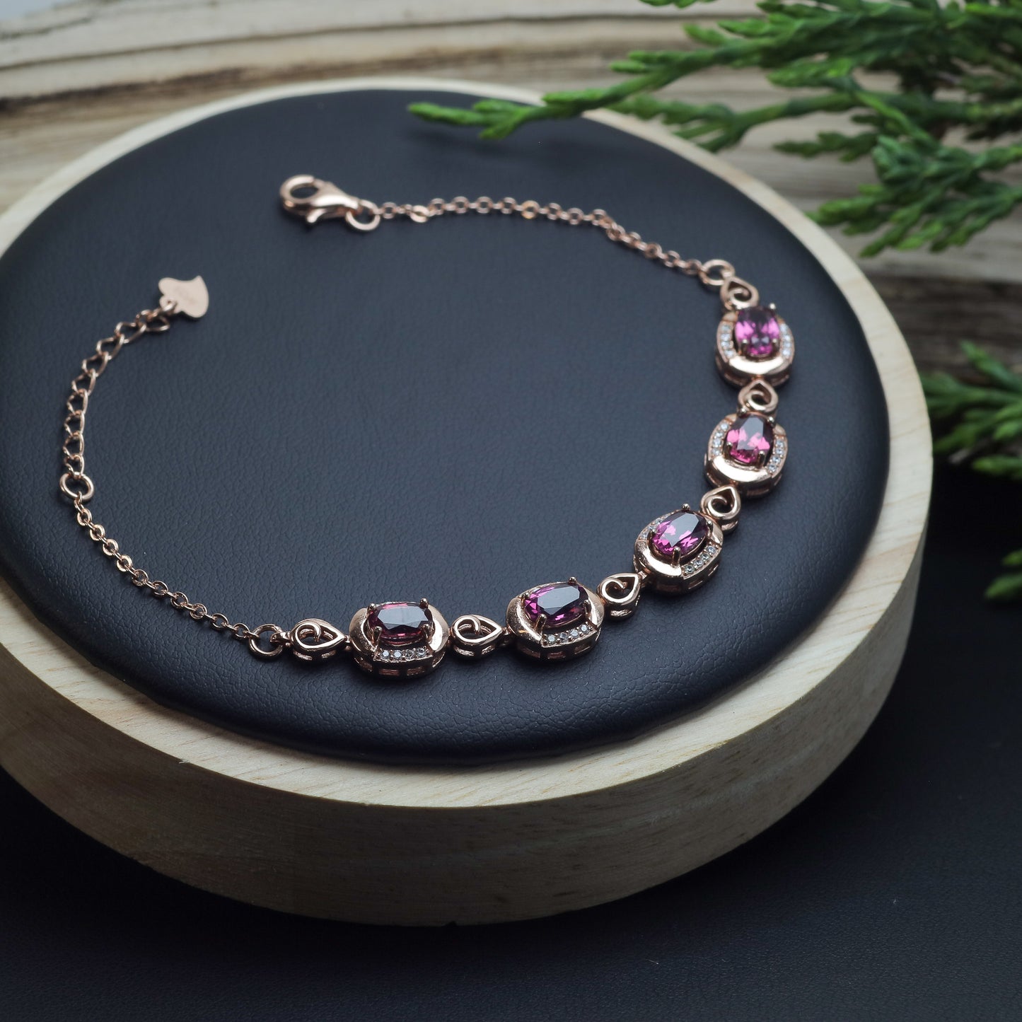 Natural Purple Garnet Elegant Station Link Bracelet