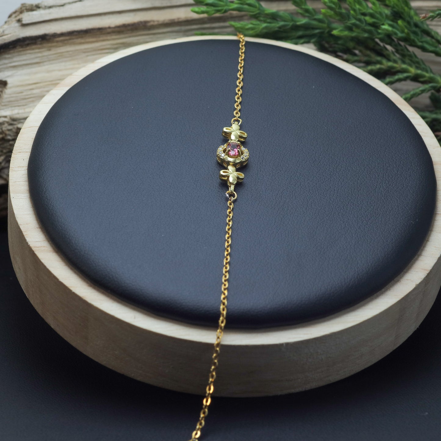 Natural Pink Tourmaline Clover Accent Chain Bracelet