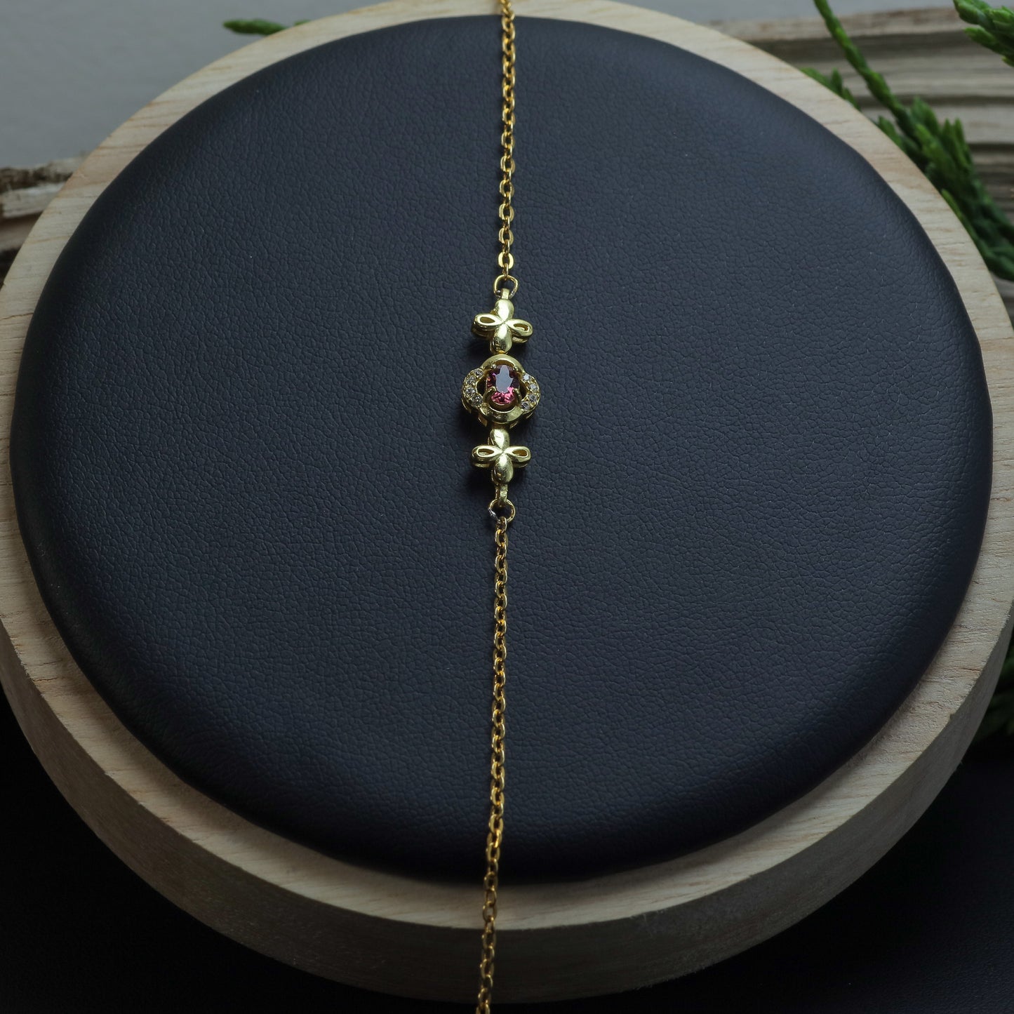 Natural Pink Tourmaline Clover Accent Chain Bracelet