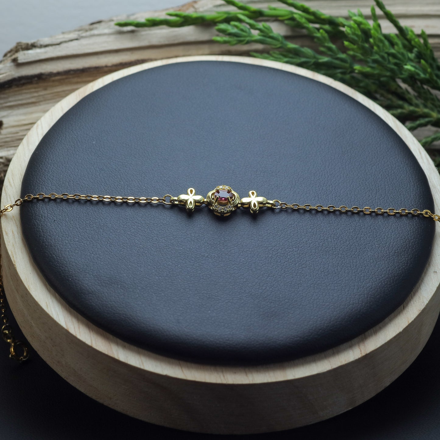 Natural Pink Tourmaline Clover Accent Chain Bracelet