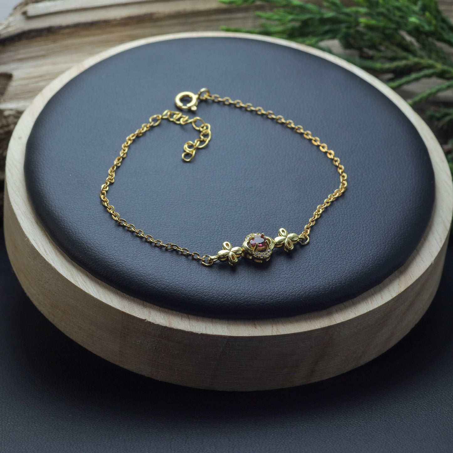 Natural Pink Tourmaline Clover Accent Chain Bracelet