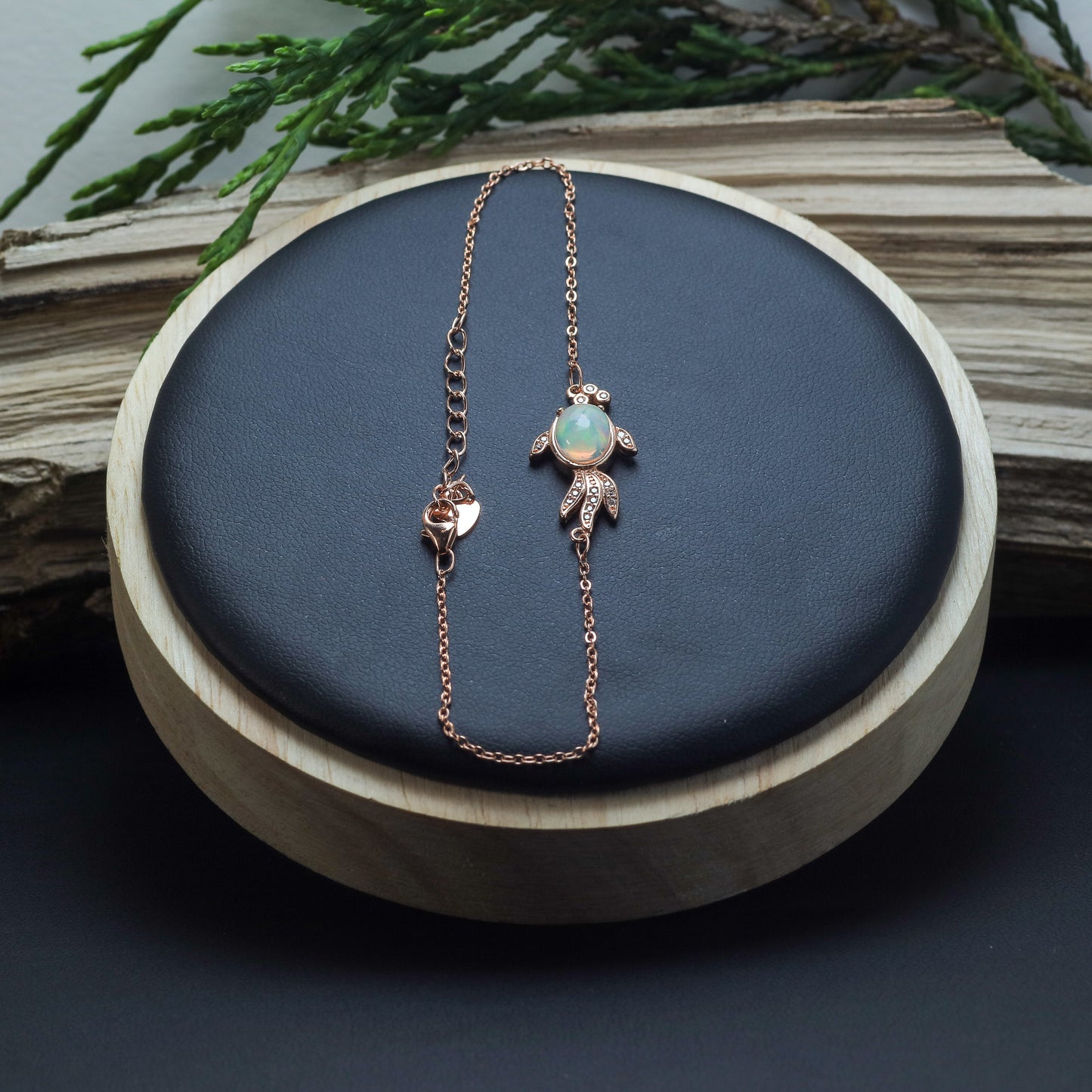 Natural Ethiopian Opal & Cubic Zirconia Fish Chain Bracelet (Rose Gold Plated)