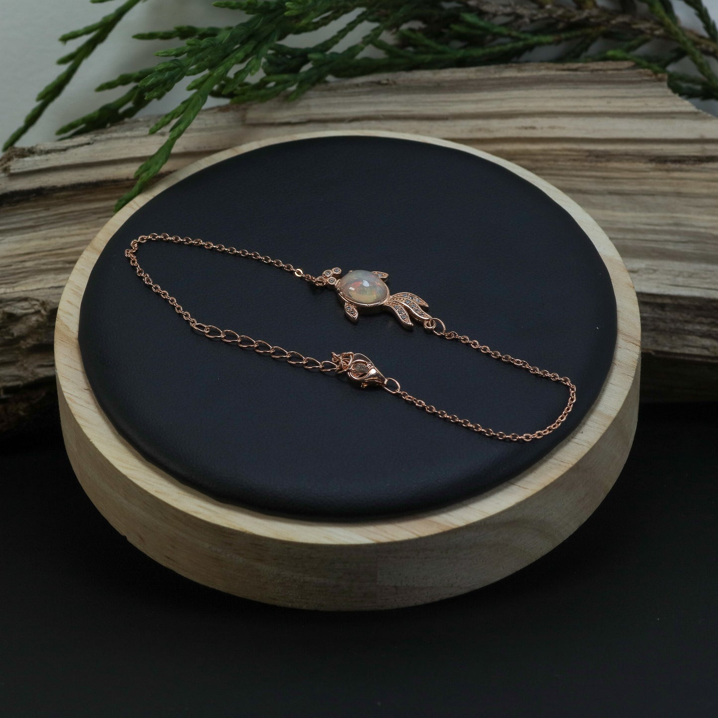 Natural Ethiopian Opal & Cubic Zirconia Fish Chain Bracelet (Rose Gold Plated)