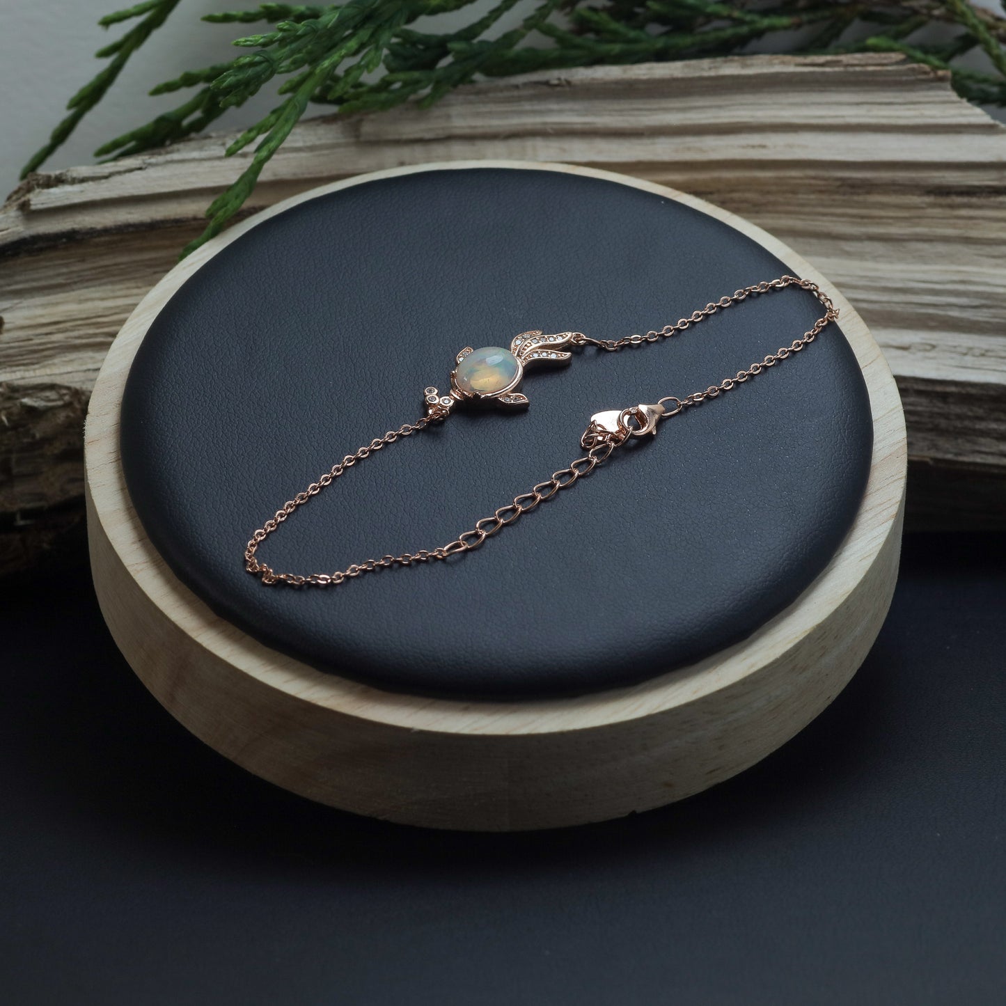 Natural Ethiopian Opal & Cubic Zirconia Fish Chain Bracelet (Rose Gold Plated)