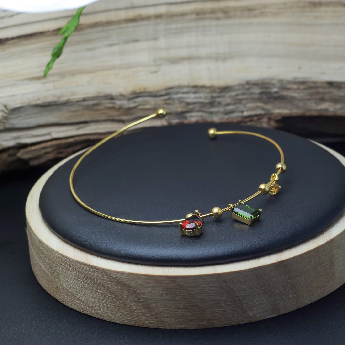 Natural Garnet & Chrome Diopside Gold-Plated Open Bangle