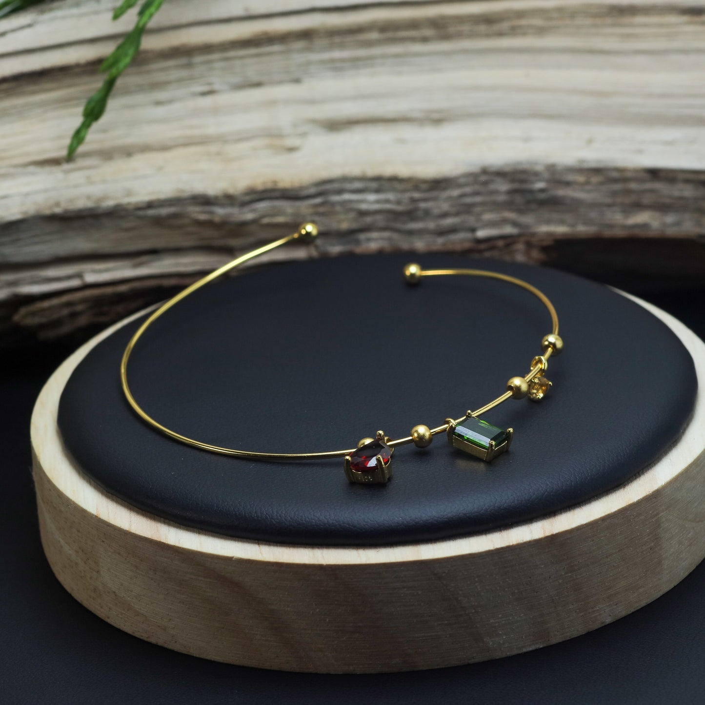 Natural Garnet & Chrome Diopside Gold-Plated Open Bangle