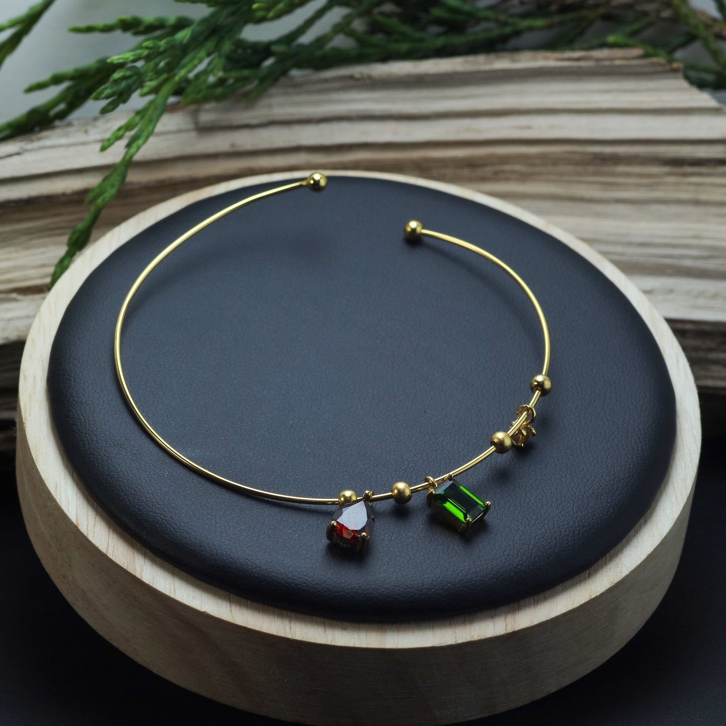 Natural Garnet & Chrome Diopside Gold-Plated Open Bangle