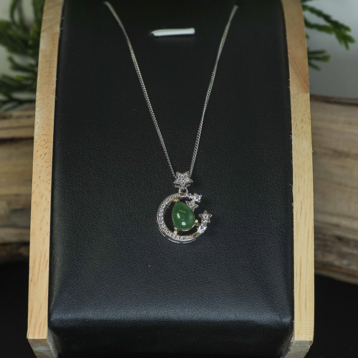 Natural Jade & CZ Celestial Moon Pendant Necklace