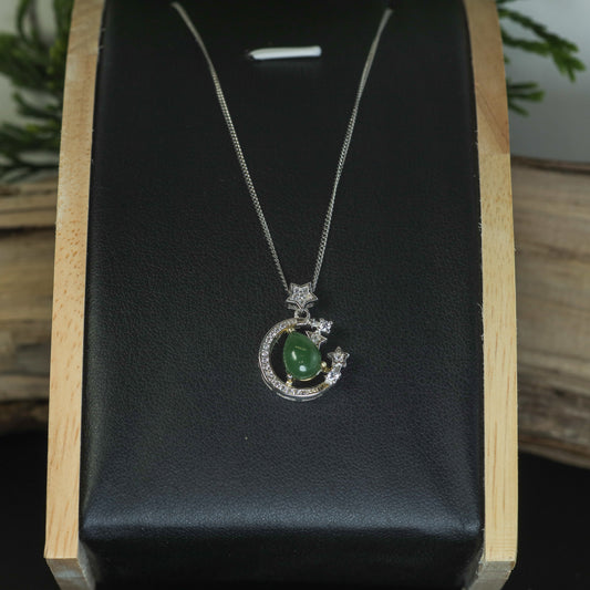Natural Jade & CZ Celestial Moon Pendant Necklace