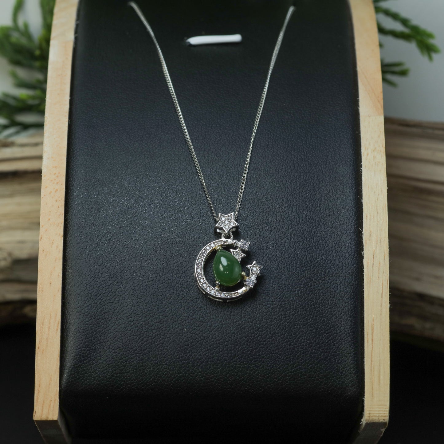 Natural Jade & CZ Celestial Moon Pendant Necklace