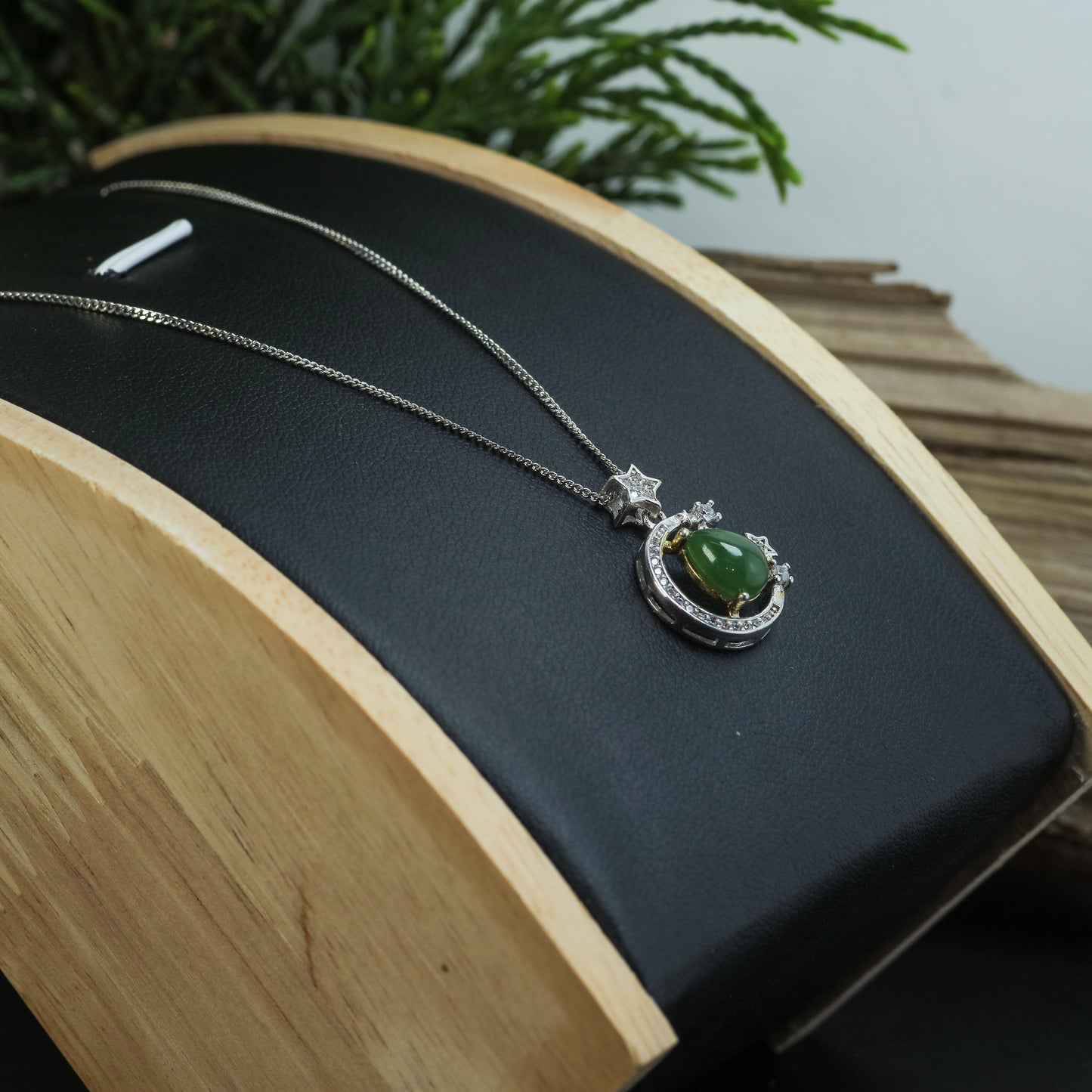 Natural Jade & CZ Celestial Moon Pendant Necklace