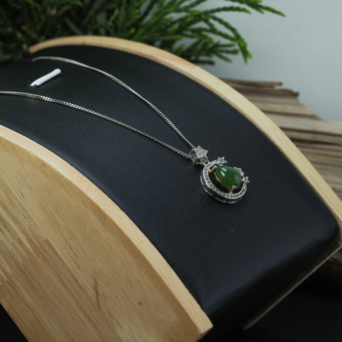 Natural Jade & CZ Celestial Moon Pendant Necklace