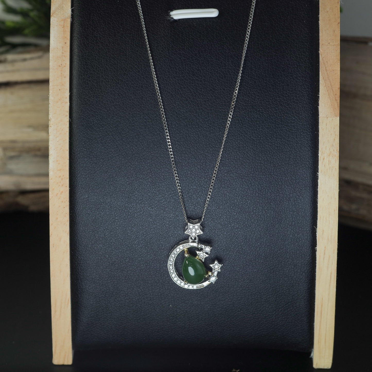 Natural Jade & CZ Celestial Moon Pendant Necklace