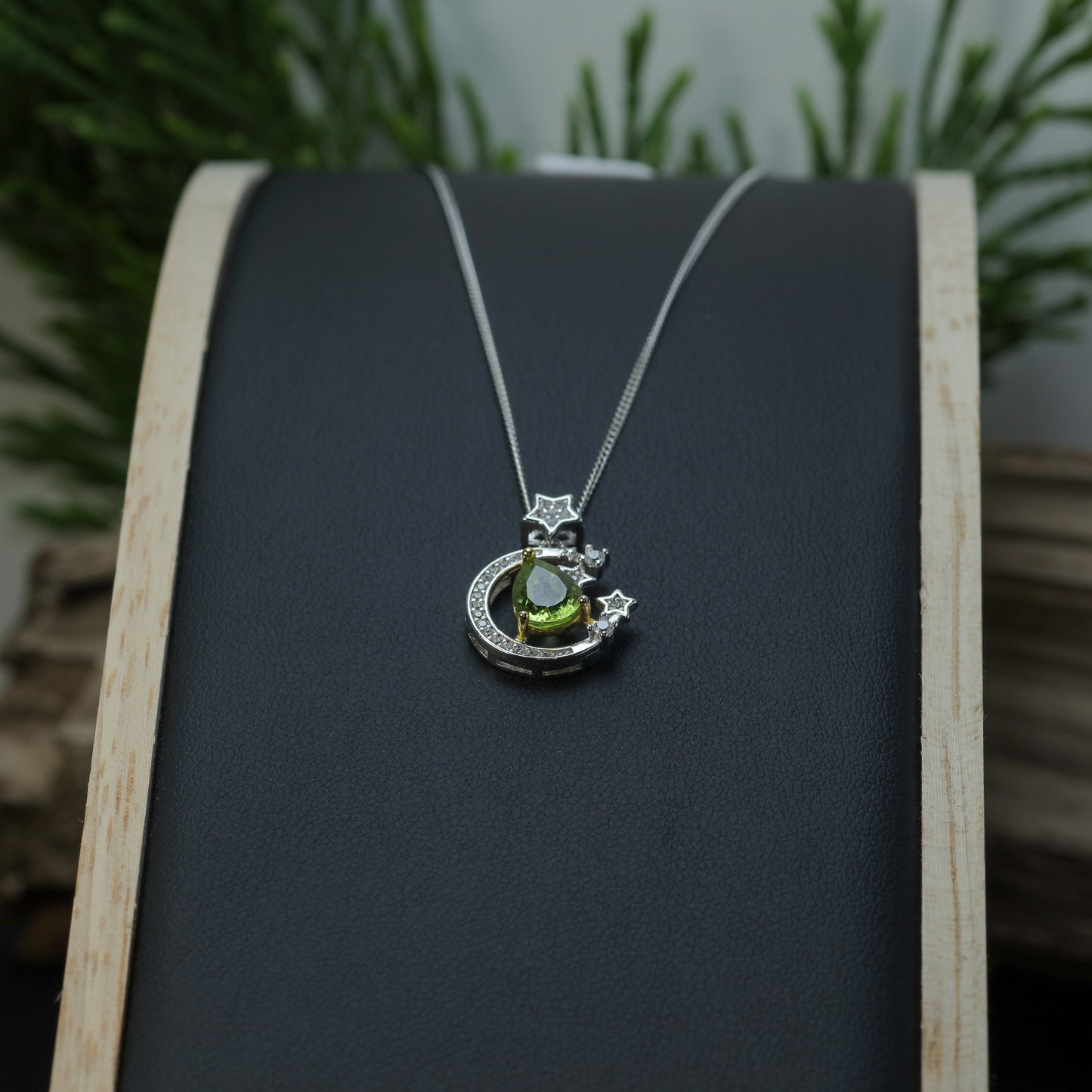 Natural Peridot Celestial Moon & Star Pendant Necklace