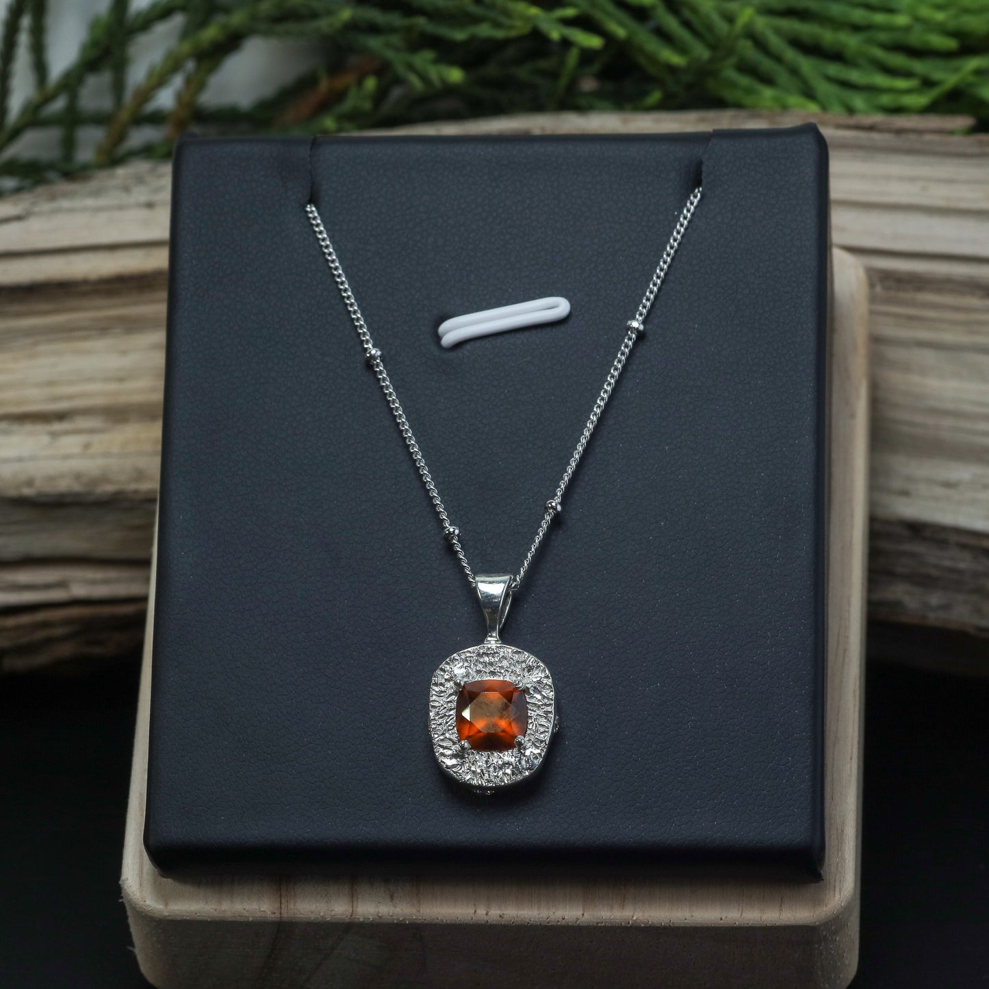 Cushion-Cut Hessonite Garnet Organic Pendant Necklace
