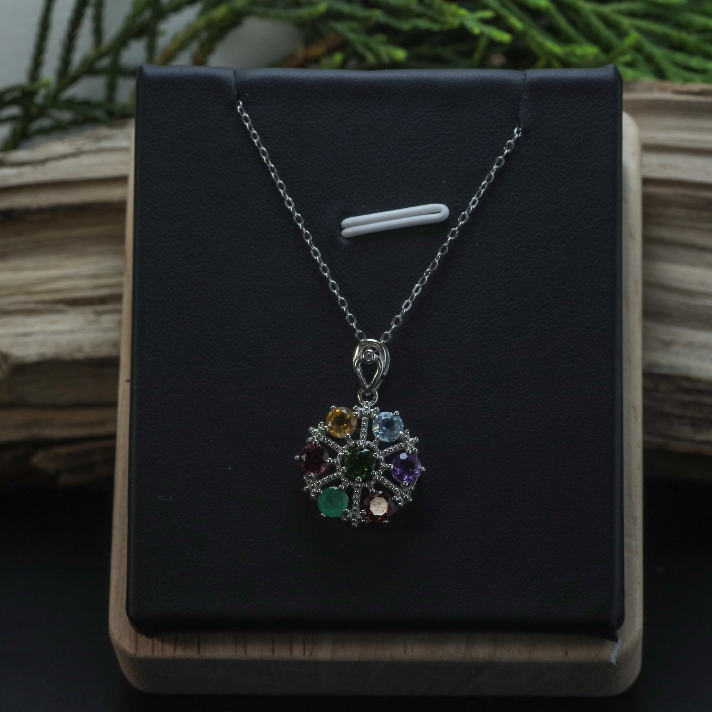Natural Multi-Gemstone Wheel Pendant Necklace