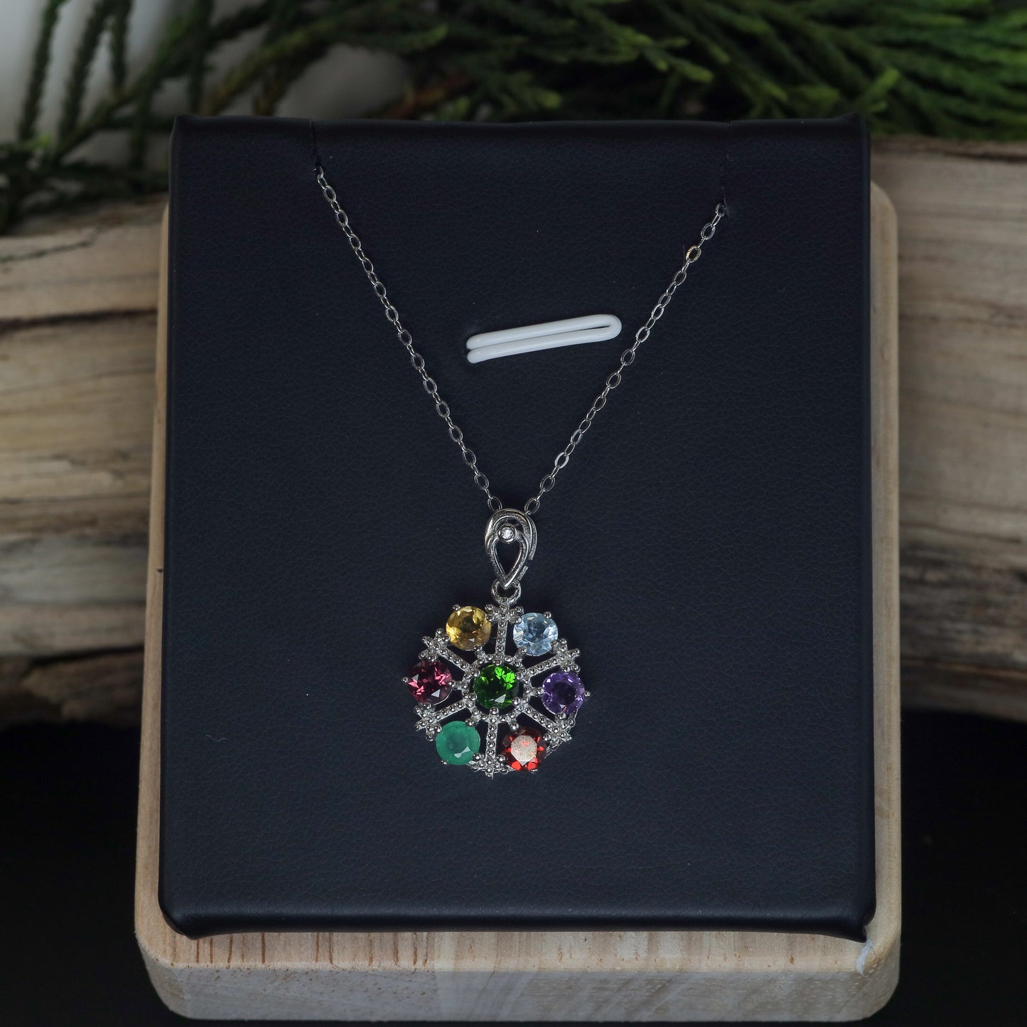 Natural Multi-Gemstone Wheel Pendant Necklace