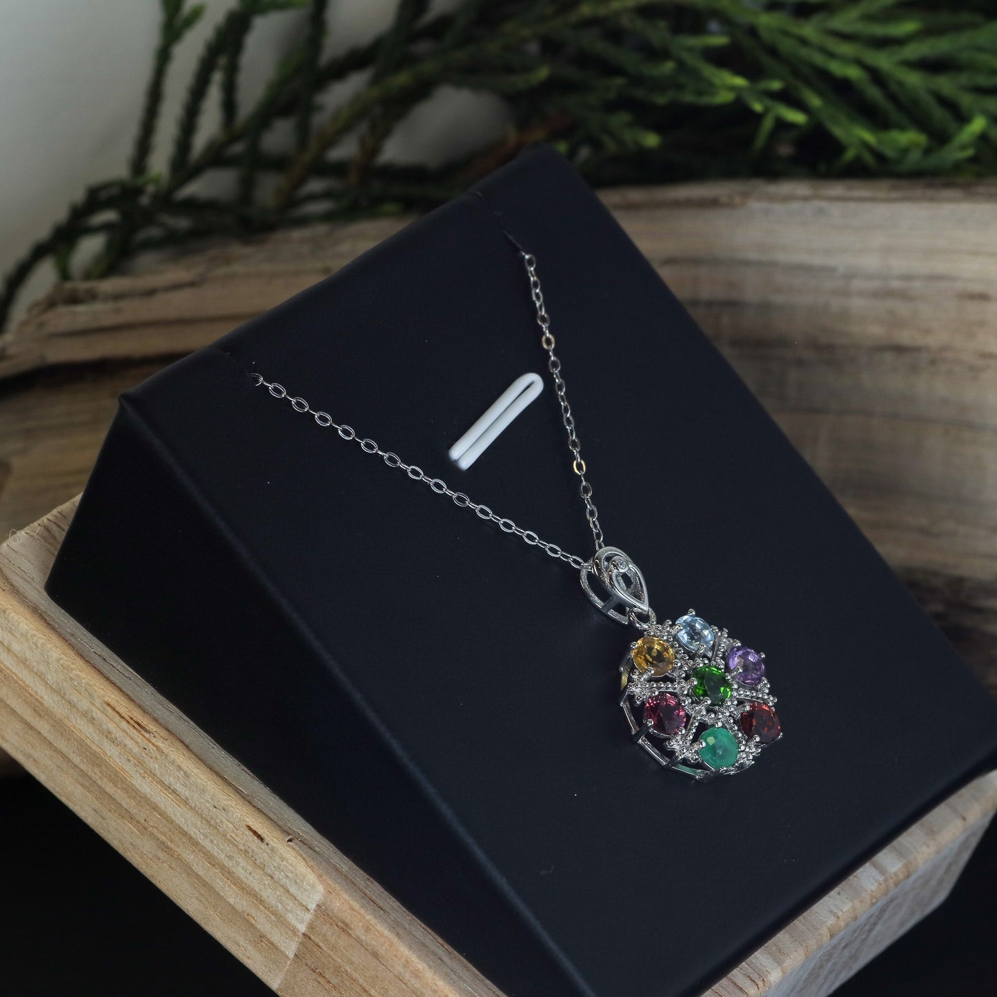 Natural Multi-Gemstone Wheel Pendant Necklace