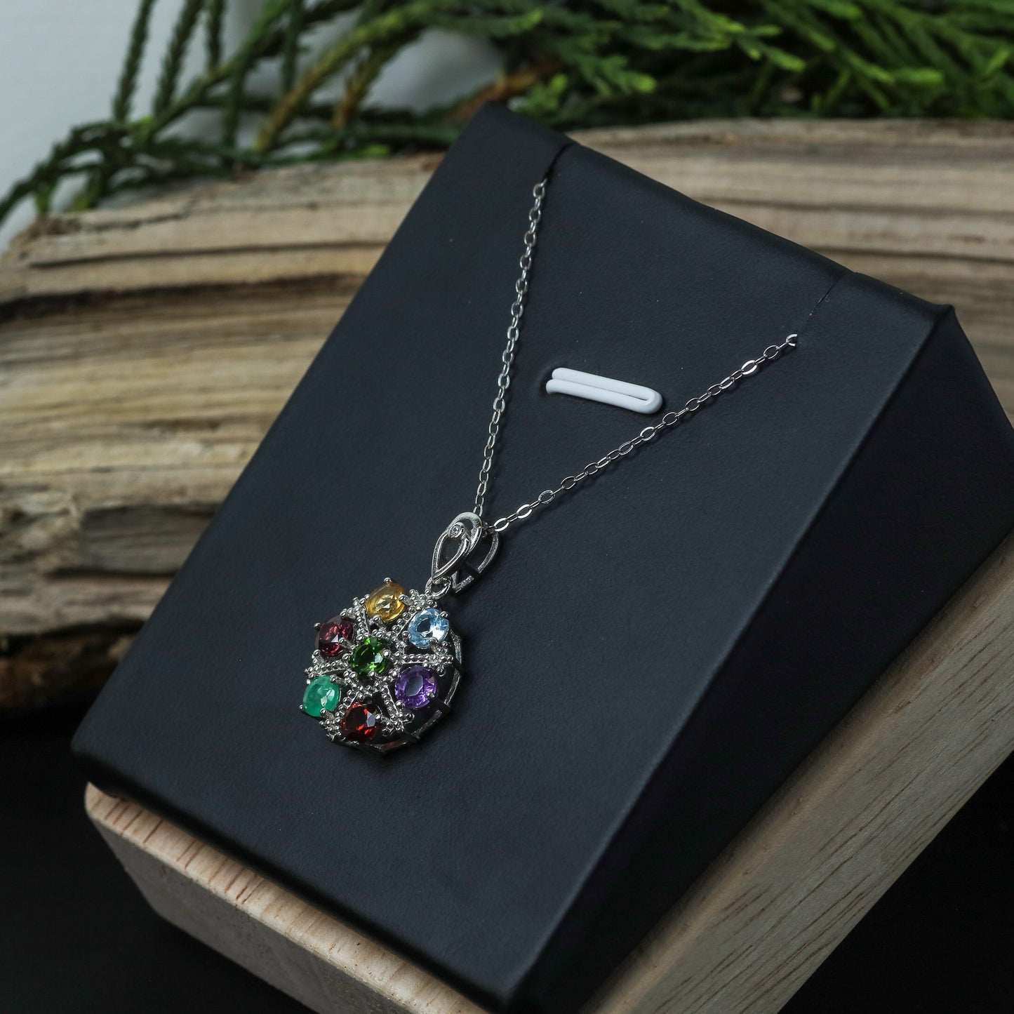 Natural Multi-Gemstone Wheel Pendant Necklace