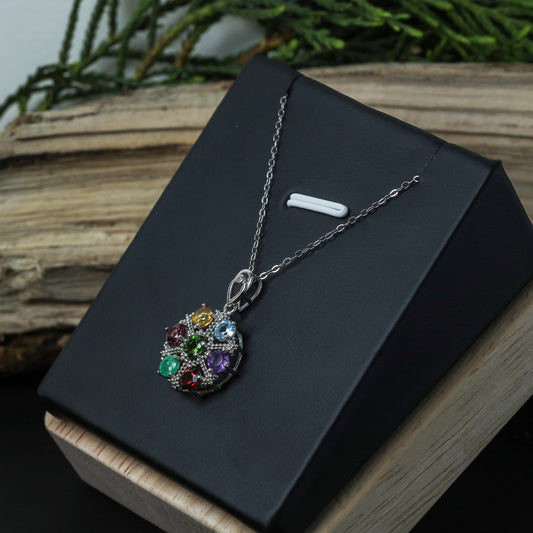 Natural Multi-Gemstone Wheel Pendant Necklace