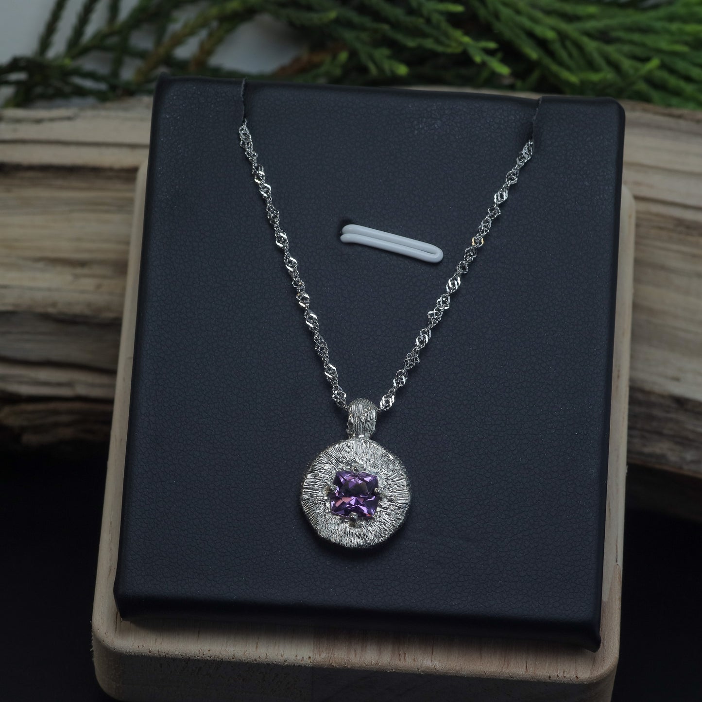 Hand-Textured Cushion Amethyst Statement Pendant Necklace