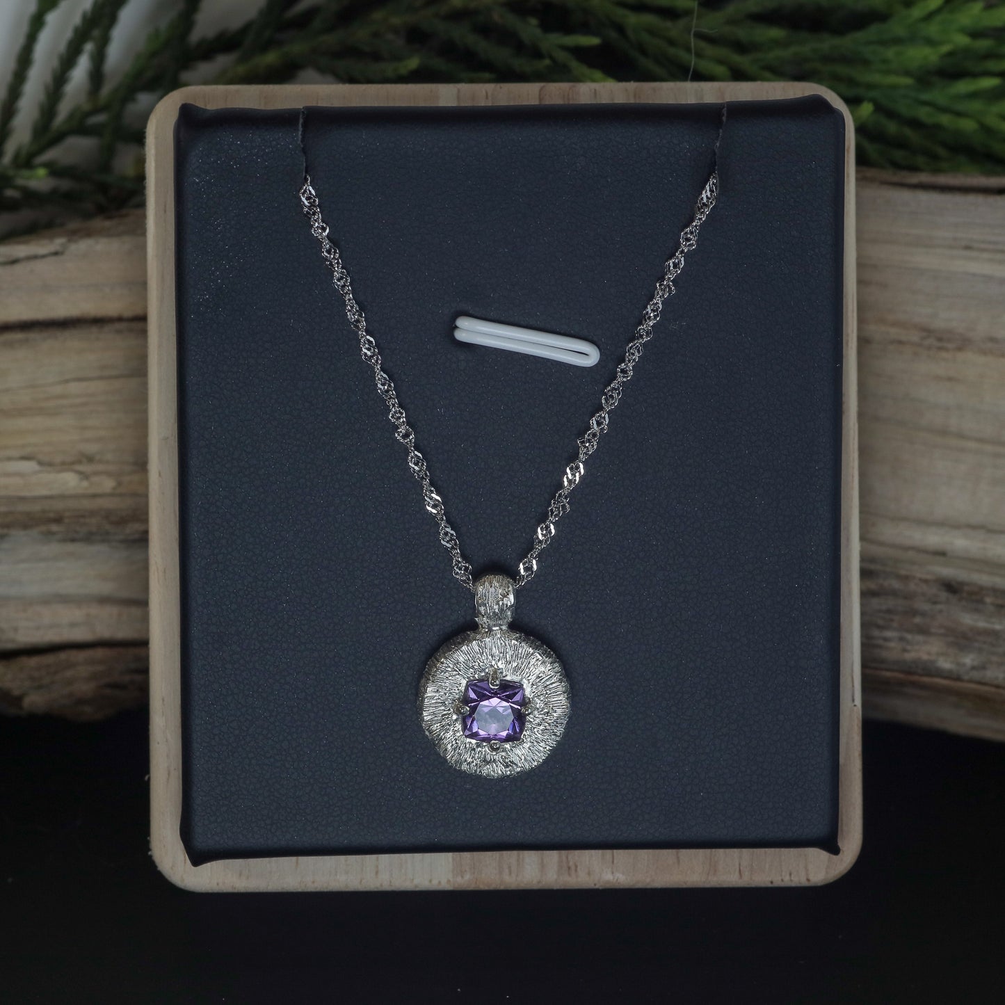 Hand-Textured Cushion Amethyst Statement Pendant Necklace