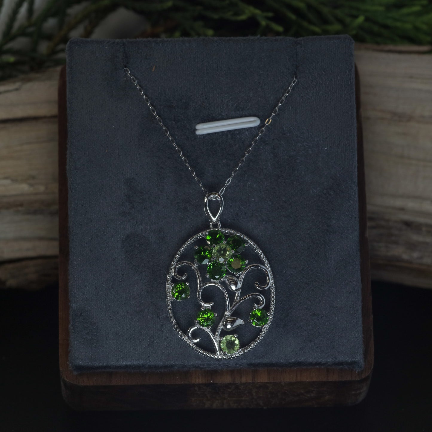 Natural Diopside and Peridot Filigree Pendant Necklace